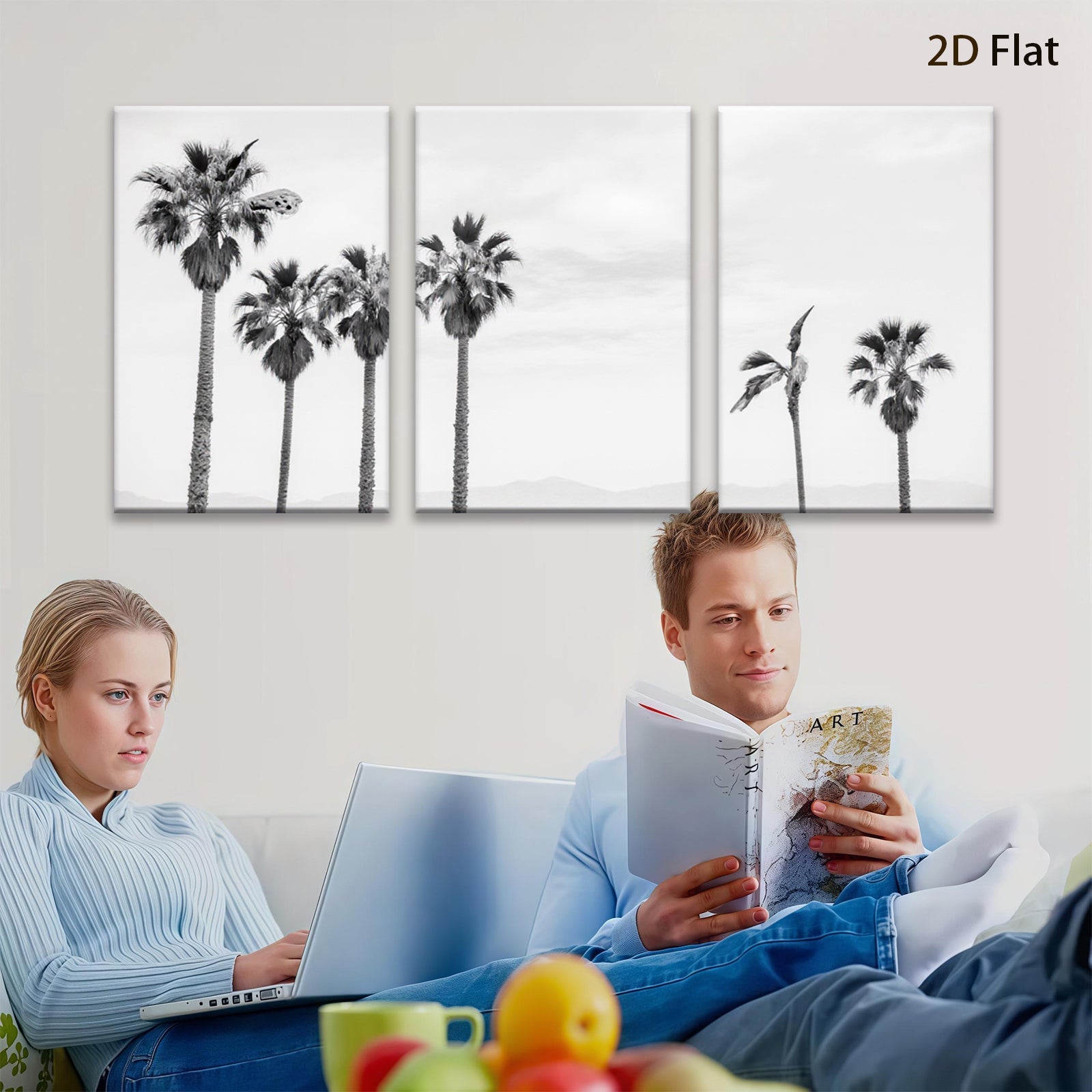 2D flat 1pc Coastal Palm Trees Serenity Beach Wall Art Decor for Living Room Bedroom Modern Farmhouse Gallery Wrapped Canvas Prints Teal Blue