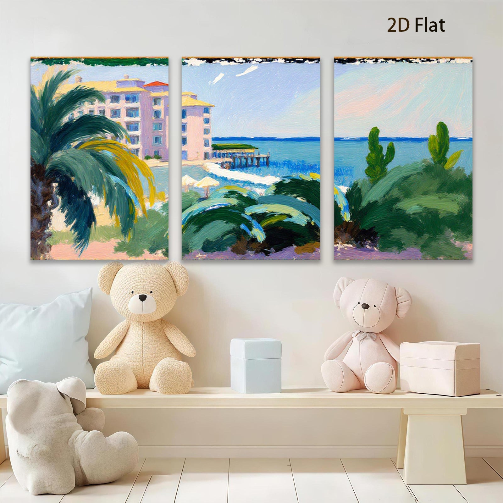 2D flat 1pc Coastal Resort View Palm Trees Beach Ocean Wall Art Living Room Bedroom Decor Modern Farmhouse Style Canvas Prints Chic Home Accent