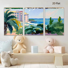 2D flat 1pc Coastal Resort View Palm Trees Beach Ocean Wall Art Living Room Bedroom Decor Modern Farmhouse Style Canvas Prints Chic Home Accent