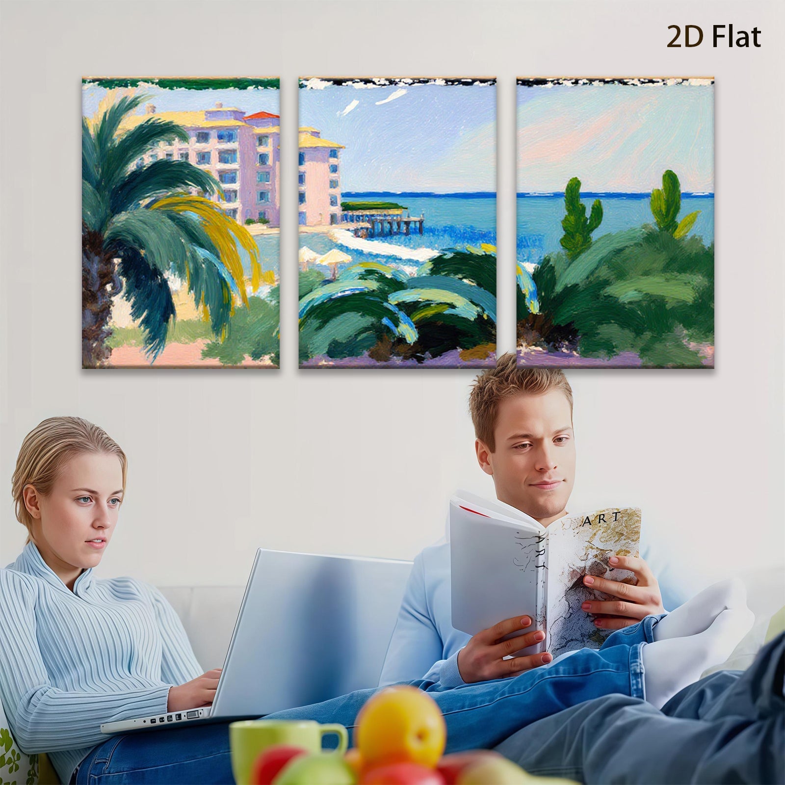 2D flat 1pc Coastal Resort View Palm Trees Beach Ocean Wall Art Living Room Bedroom Decor Modern Farmhouse Style Canvas Prints Chic Home Accent