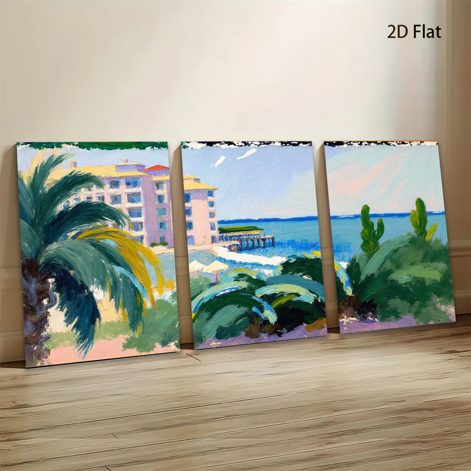 2D flat 1pc Coastal Resort View Palm Trees Beach Ocean Wall Art Living Room Bedroom Decor Modern Farmhouse Style Canvas Prints Chic Home Accent