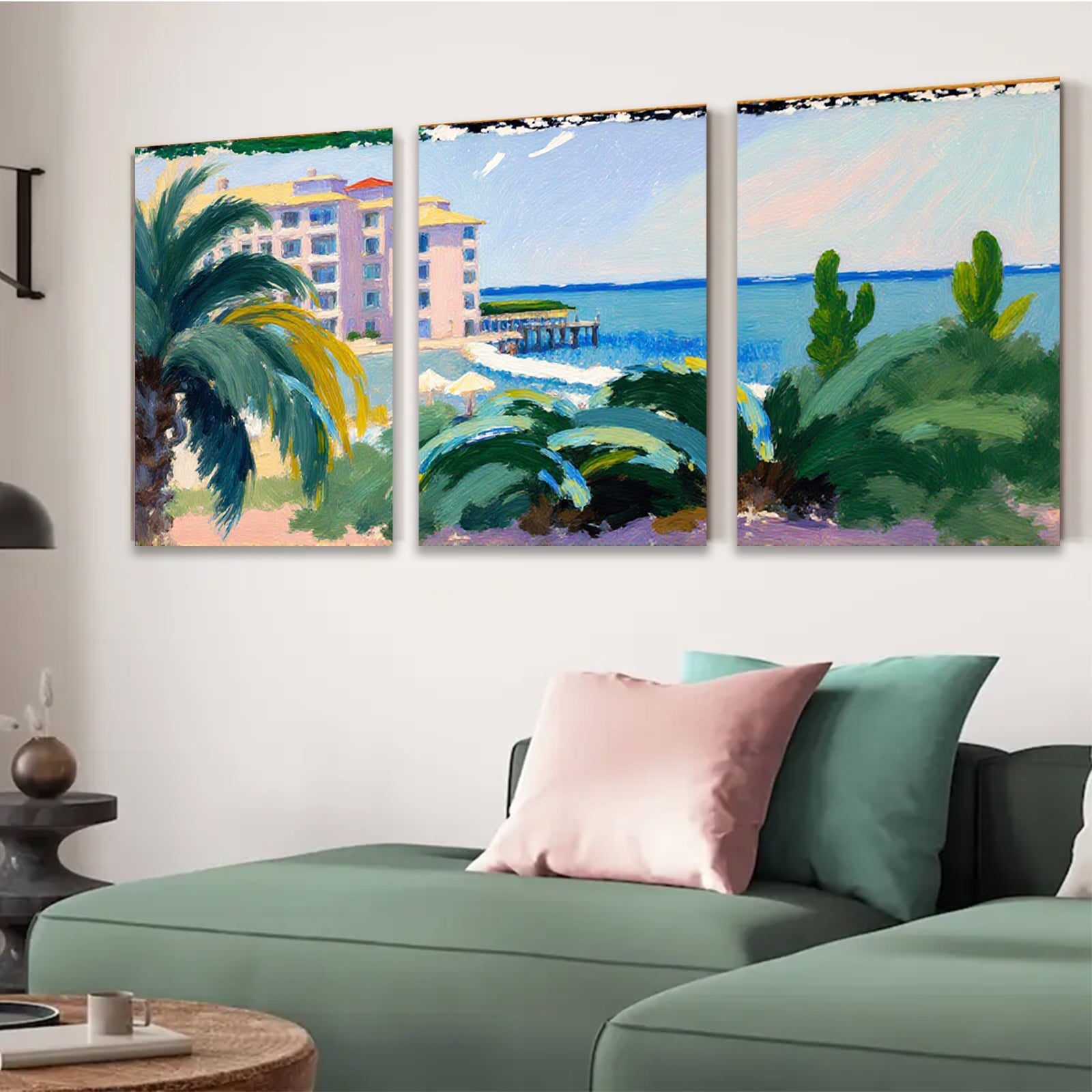 2D flat 1pc Coastal Resort View Palm Trees Beach Ocean Wall Art Living Room Bedroom Decor Modern Farmhouse Style Canvas Prints Chic Home Accent