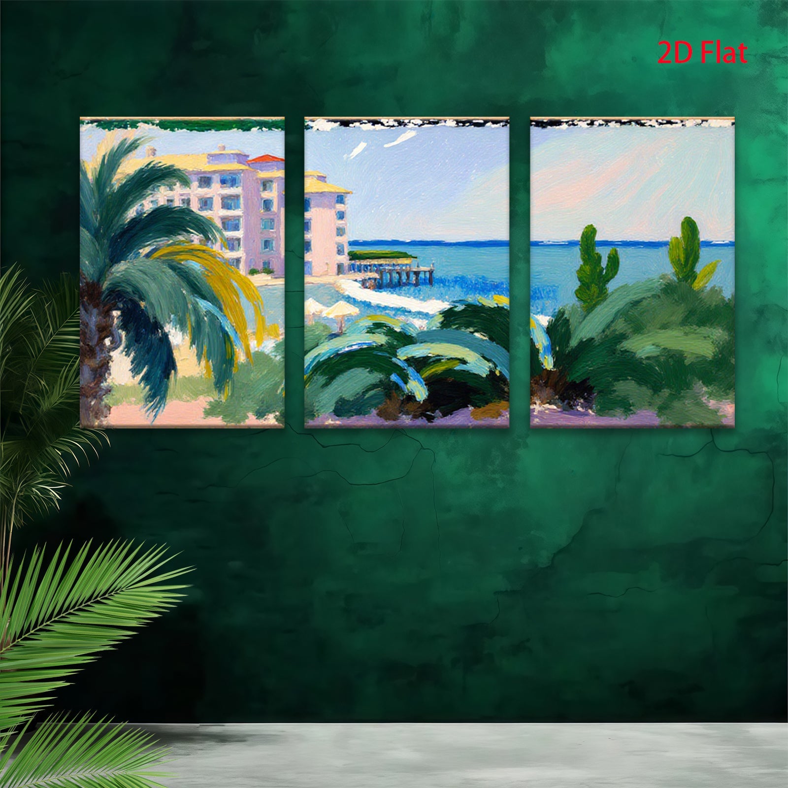 2D flat 1pc Coastal Resort View Palm Trees Beach Ocean Wall Art Living Room Bedroom Decor Modern Farmhouse Style Canvas Prints Chic Home Accent
