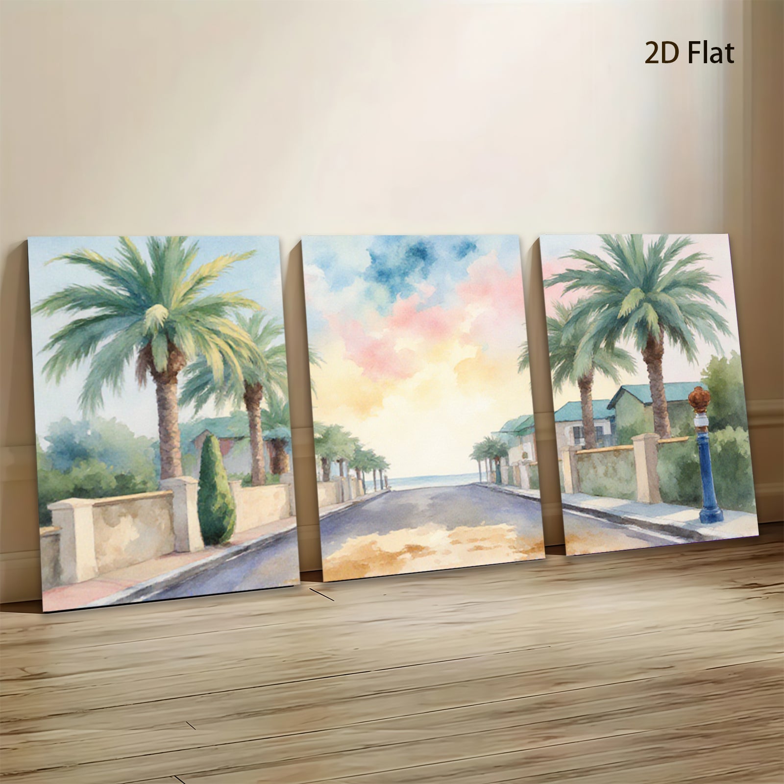 2D flat 1pc Coastal Road Sunshine Palms Vibrant Wall Art Living Room Bedroom Decor Farmhouse Style Gallery Wrapped Canvas Prints Modern Home Decorations
