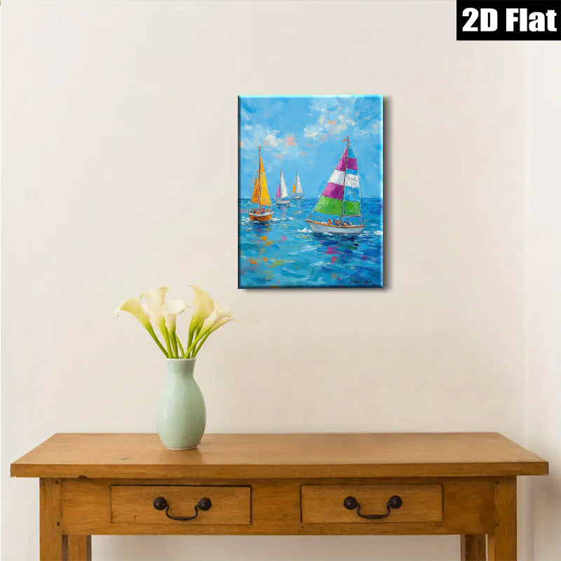 2D flat 1pc Coastal Sailboat Race Ocean View Wall Art Decor for Living Room Bedroom Home Office Modern Farmhouse Style