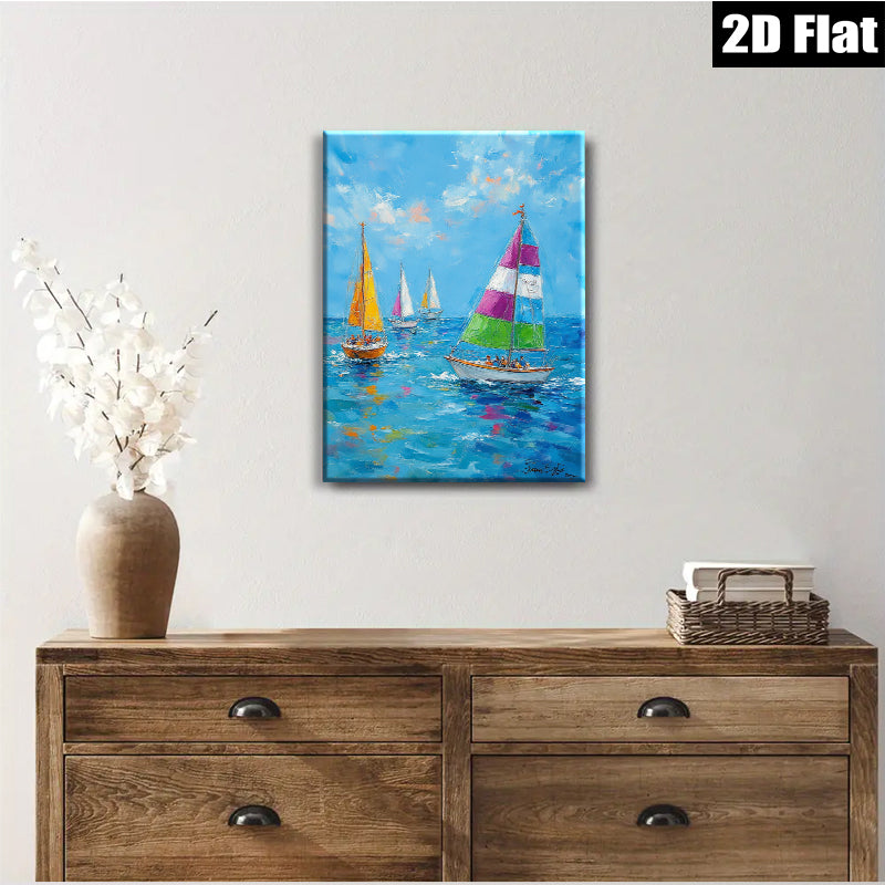 2D flat 1pc Coastal Sailboat Race Ocean View Wall Art Decor for Living Room Bedroom Home Office Modern Farmhouse Style