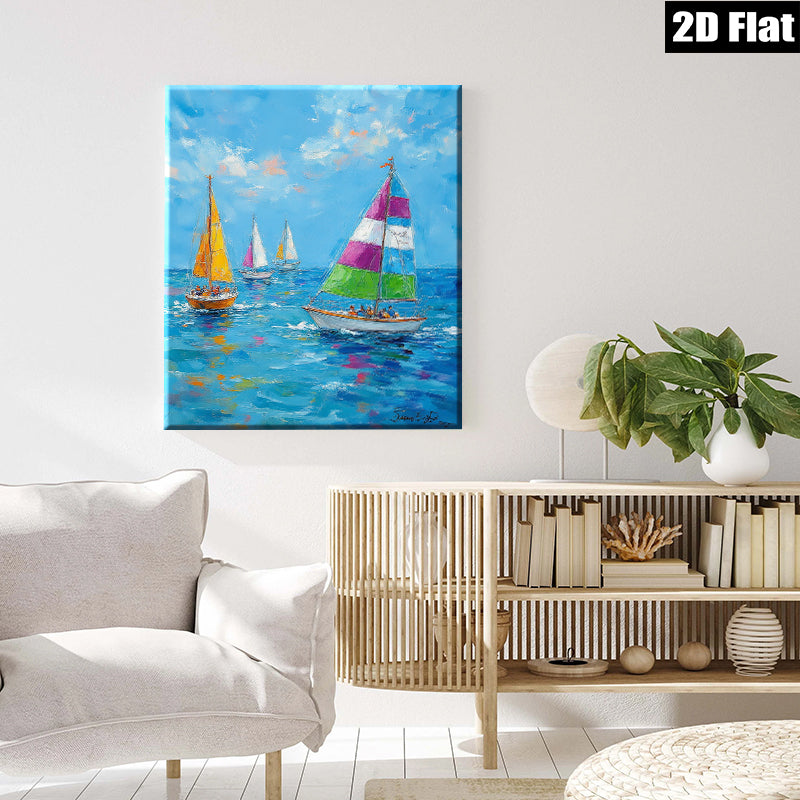 2D flat 1pc Coastal Sailboat Race Ocean View Wall Art Decor for Living Room Bedroom Home Office Modern Farmhouse Style