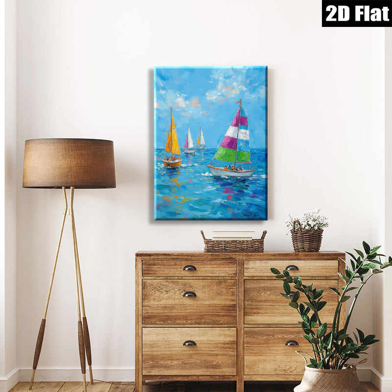 2D flat 1pc Coastal Sailboat Race Ocean View Wall Art Decor for Living Room Bedroom Home Office Modern Farmhouse Style
