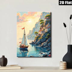 2D flat 1pc Coastal Sailing Village Landscape Wall Art Decor for Living Room Bedroom Home Office Modern Farmhouse Gallery Wrapped Canvas Prints