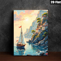 2D flat 1pc Coastal Sailing Village Landscape Wall Art Decor for Living Room Bedroom Home Office Modern Farmhouse Gallery Wrapped Canvas Prints