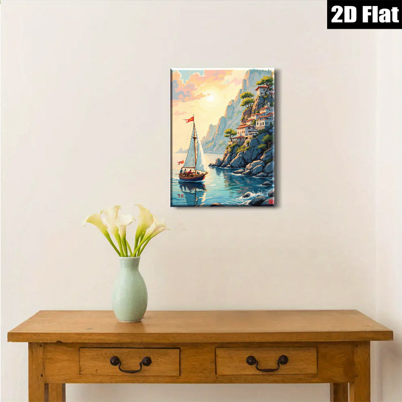 2D flat 1pc Coastal Sailing Village Landscape Wall Art Decor for Living Room Bedroom Home Office Modern Farmhouse Gallery Wrapped Canvas Prints