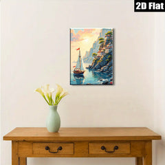 2D flat 1pc Coastal Sailing Village Landscape Wall Art Decor for Living Room Bedroom Home Office Modern Farmhouse Gallery Wrapped Canvas Prints