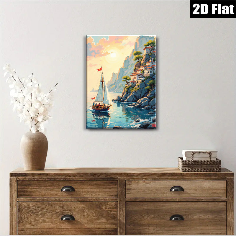 2D flat 1pc Coastal Sailing Village Landscape Wall Art Decor for Living Room Bedroom Home Office Modern Farmhouse Gallery Wrapped Canvas Prints