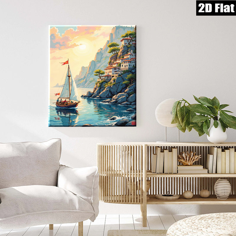 2D flat 1pc Coastal Sailing Village Landscape Wall Art Decor for Living Room Bedroom Home Office Modern Farmhouse Gallery Wrapped Canvas Prints