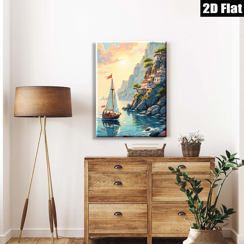 2D flat 1pc Coastal Sailing Village Landscape Wall Art Decor for Living Room Bedroom Home Office Modern Farmhouse Gallery Wrapped Canvas Prints