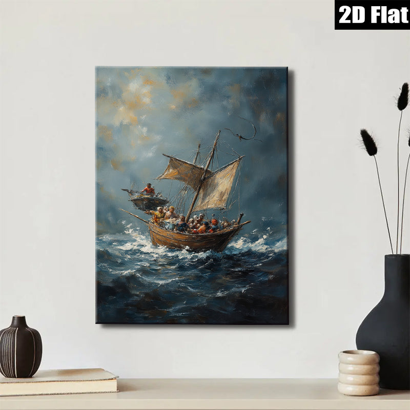 2D flat 1pc Coastal Scene Historic Vessels Sailing Dramatic Ocean Waves Wall Art Decor Living Room Bedroom Gallery Wrapped Canvas Print Modern Farmhouse Style