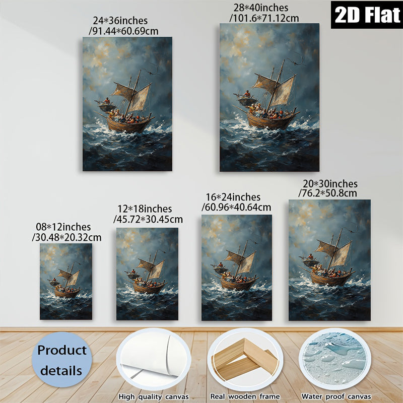 2D flat 1pc Coastal Scene Historic Vessels Sailing Dramatic Ocean Waves Wall Art Decor Living Room Bedroom Gallery Wrapped Canvas Print Modern Farmhouse Style