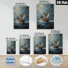 2D flat 1pc Coastal Scene Historic Vessels Sailing Dramatic Ocean Waves Wall Art Decor Living Room Bedroom Gallery Wrapped Canvas Print Modern Farmhouse Style