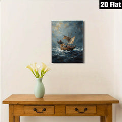 2D flat 1pc Coastal Scene Historic Vessels Sailing Dramatic Ocean Waves Wall Art Decor Living Room Bedroom Gallery Wrapped Canvas Print Modern Farmhouse Style