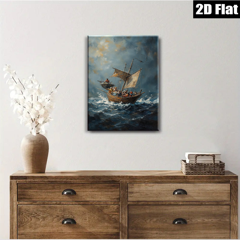 2D flat 1pc Coastal Scene Historic Vessels Sailing Dramatic Ocean Waves Wall Art Decor Living Room Bedroom Gallery Wrapped Canvas Print Modern Farmhouse Style