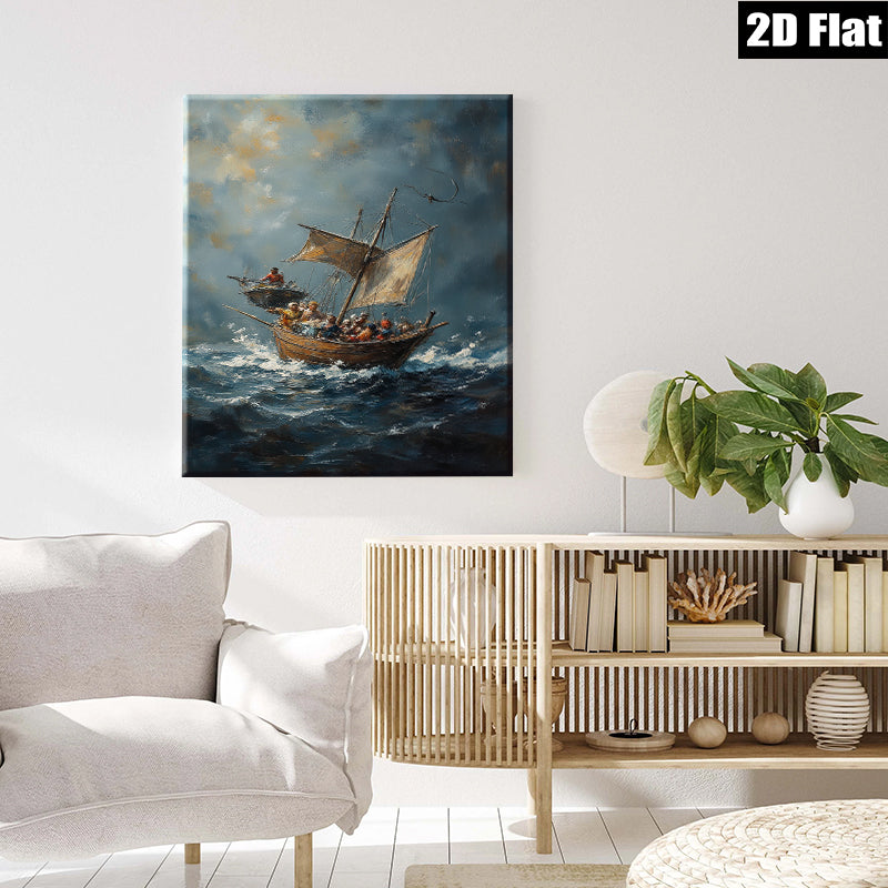 2D flat 1pc Coastal Scene Historic Vessels Sailing Dramatic Ocean Waves Wall Art Decor Living Room Bedroom Gallery Wrapped Canvas Print Modern Farmhouse Style