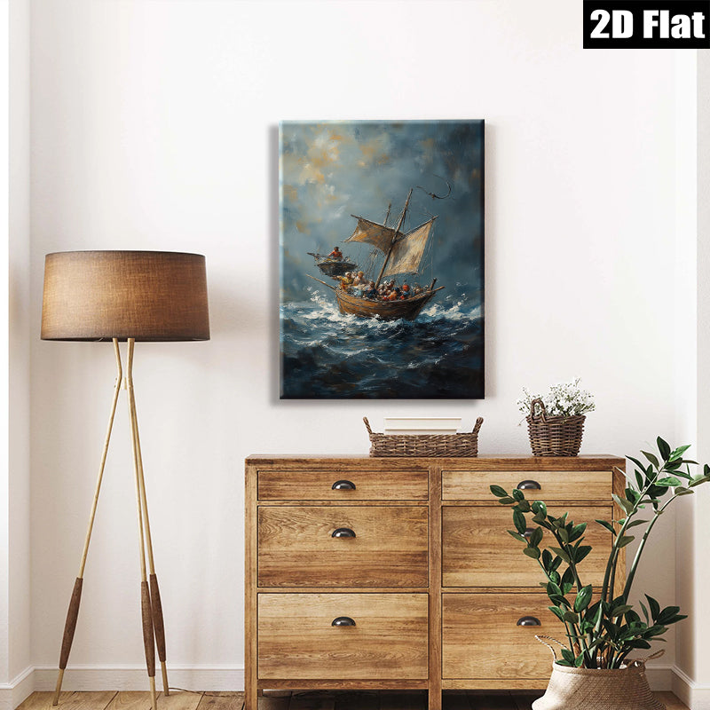 2D flat 1pc Coastal Scene Historic Vessels Sailing Dramatic Ocean Waves Wall Art Decor Living Room Bedroom Gallery Wrapped Canvas Print Modern Farmhouse Style