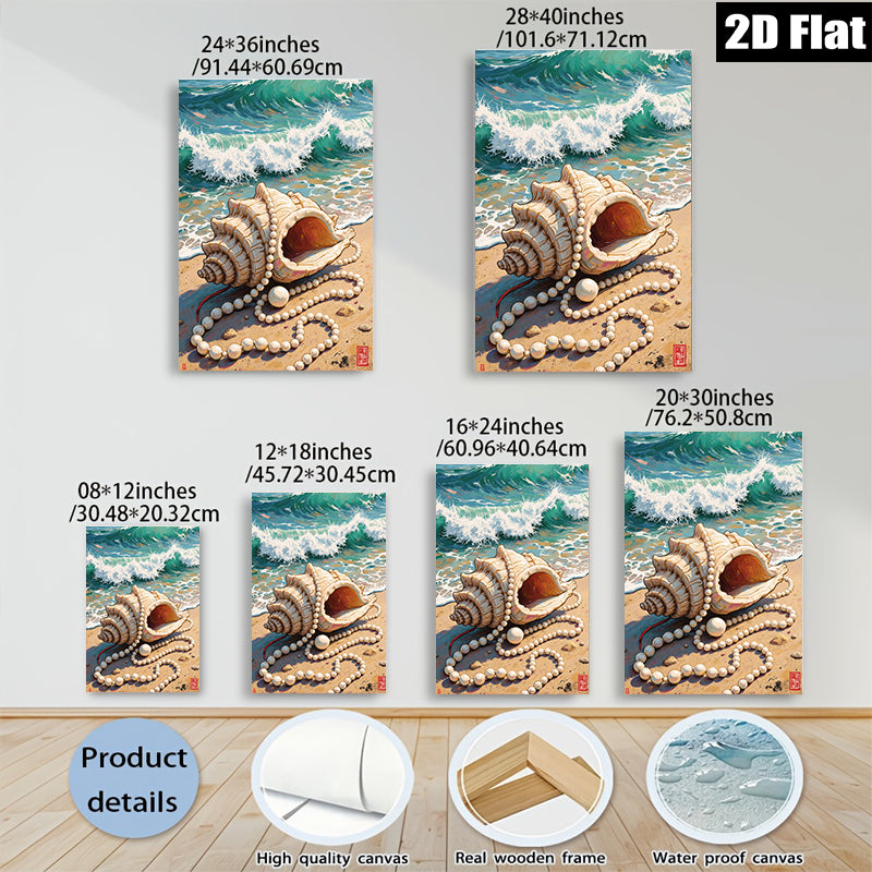 2D flat 1pc Coastal Seashell Pearl Strand Beach Wall Art Living Room Bedroom Decor Farmhouse Style Gallery Wrapped Canvas Prints for Home Office Modern Aesthetic