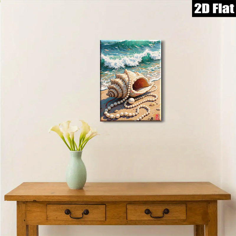 2D flat 1pc Coastal Seashell Pearl Strand Beach Wall Art Living Room Bedroom Decor Farmhouse Style Gallery Wrapped Canvas Prints for Home Office Modern Aesthetic