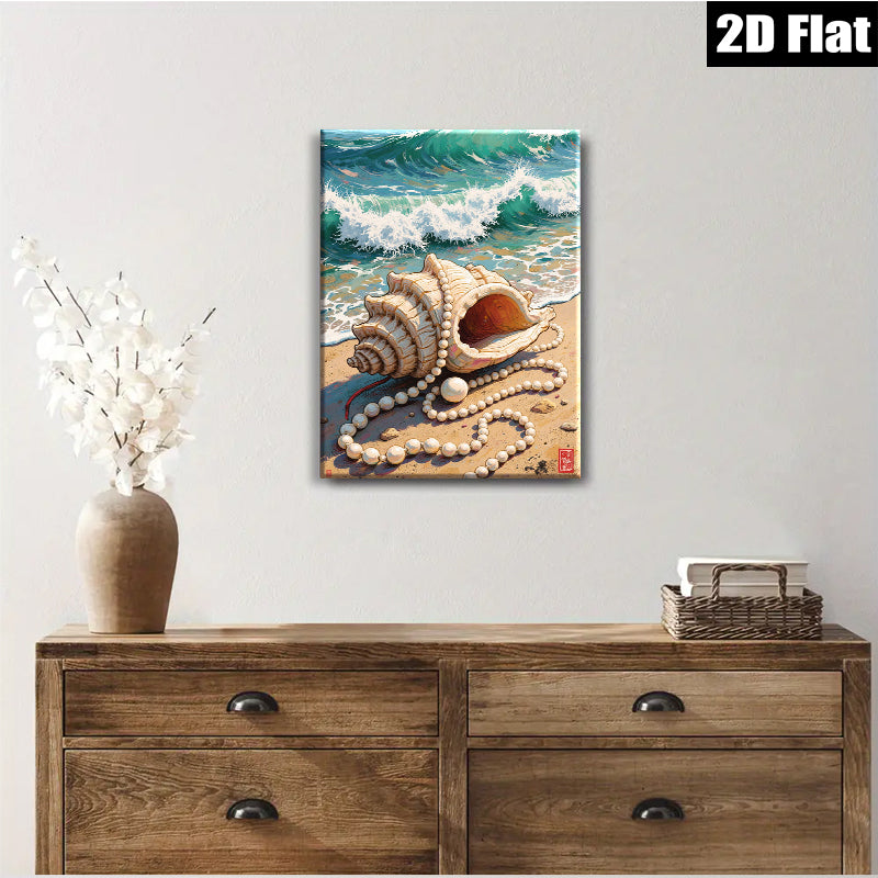 2D flat 1pc Coastal Seashell Pearl Strand Beach Wall Art Living Room Bedroom Decor Farmhouse Style Gallery Wrapped Canvas Prints for Home Office Modern Aesthetic