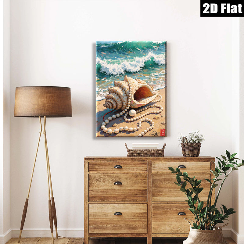 2D flat 1pc Coastal Seashell Pearl Strand Beach Wall Art Living Room Bedroom Decor Farmhouse Style Gallery Wrapped Canvas Prints for Home Office Modern Aesthetic