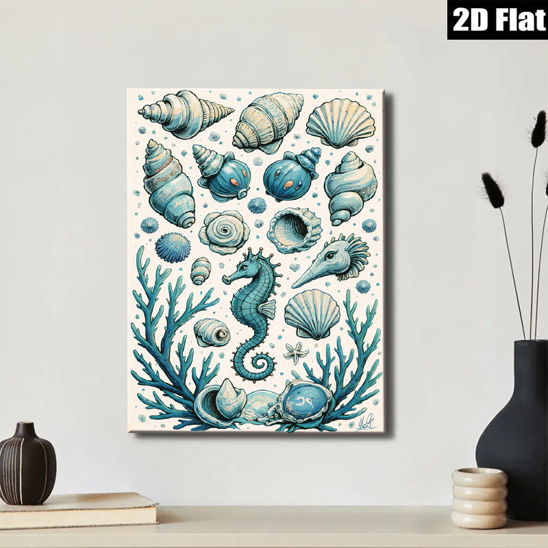 2D flat 1pc Coastal Seashells Seahorse Ocean Life Wall Art Decor Living Room Bedroom Modern Farmhouse Canvas Prints