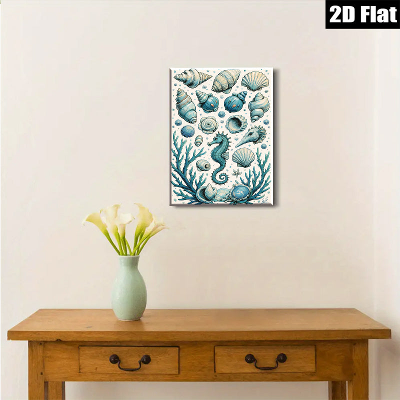 2D flat 1pc Coastal Seashells Seahorse Ocean Life Wall Art Decor Living Room Bedroom Modern Farmhouse Canvas Prints