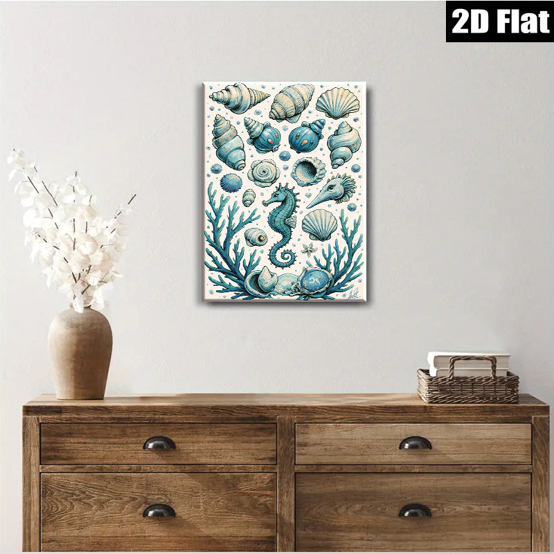 2D flat 1pc Coastal Seashells Seahorse Ocean Life Wall Art Decor Living Room Bedroom Modern Farmhouse Canvas Prints