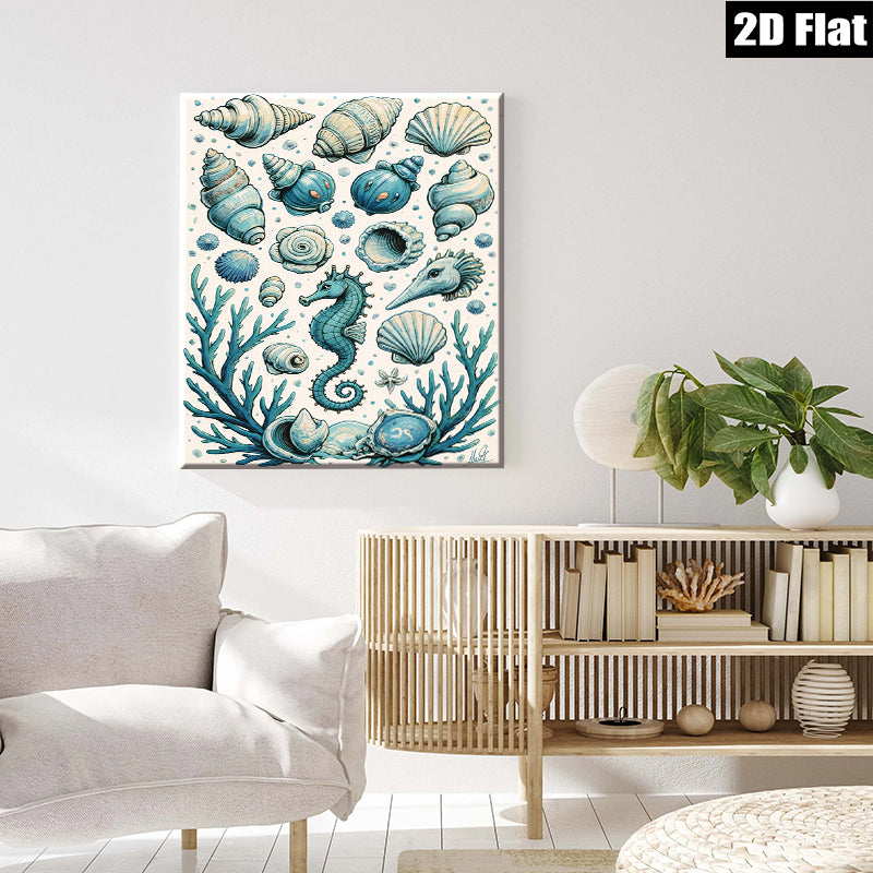 2D flat 1pc Coastal Seashells Seahorse Ocean Life Wall Art Decor Living Room Bedroom Modern Farmhouse Canvas Prints