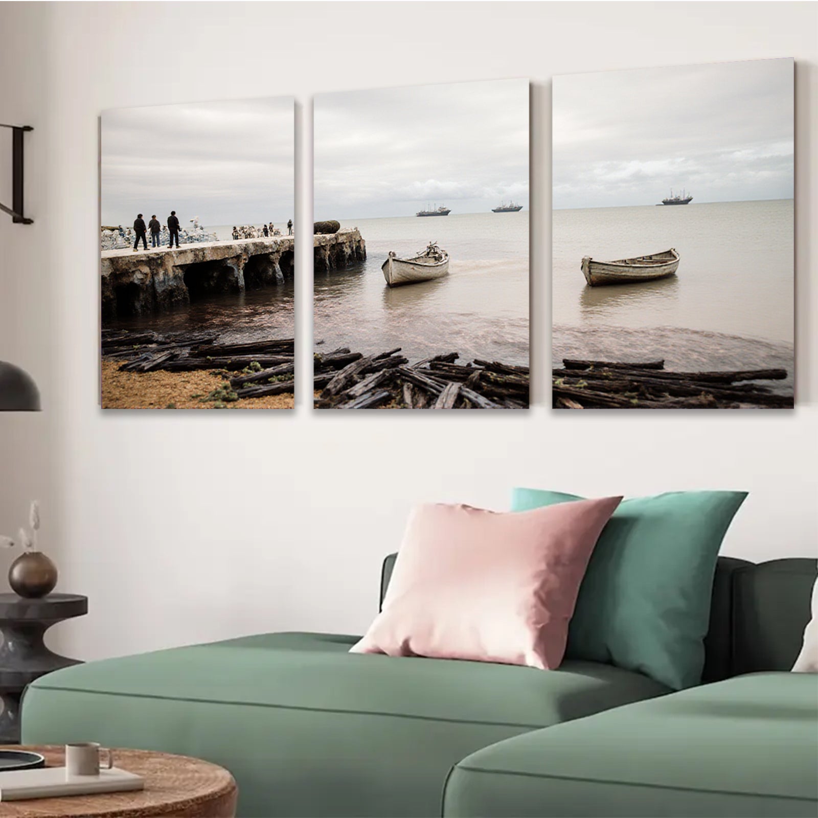 2D flat 1pc Coastal Serenity Historic Dock Fishing Boats Living Room Bedroom Wall Decor Modern Farmhouse Rustic Gallery Wrapped Canvas Prints