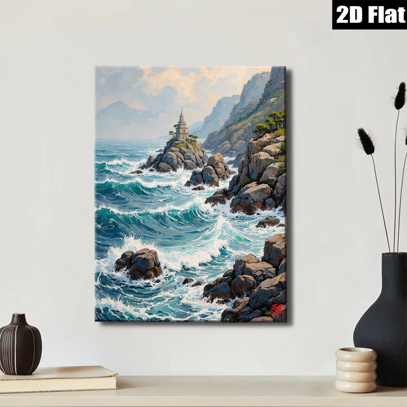 2D flat 1pc Coastal Serenity Lighthouse Waves Ocean Wall Art Decor Living Room Bedroom Home Office Modern Farmhouse Gallery Wrapped Canvas Prints Ready To Hang