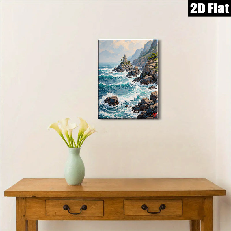 2D flat 1pc Coastal Serenity Lighthouse Waves Ocean Wall Art Decor Living Room Bedroom Home Office Modern Farmhouse Gallery Wrapped Canvas Prints Ready To Hang