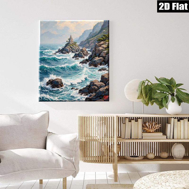 2D flat 1pc Coastal Serenity Lighthouse Waves Ocean Wall Art Decor Living Room Bedroom Home Office Modern Farmhouse Gallery Wrapped Canvas Prints Ready To Hang