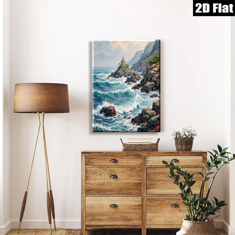 2D flat 1pc Coastal Serenity Lighthouse Waves Ocean Wall Art Decor Living Room Bedroom Home Office Modern Farmhouse Gallery Wrapped Canvas Prints Ready To Hang