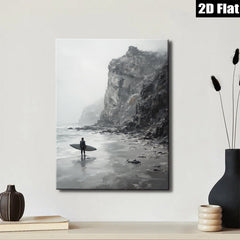 2D flat 1pc Coastal Serenity Lone Surfer Pacific Northwest Beach Wall Art Living Room Bedroom Decor Modern Farmhouse Style Gallery Wrapped Canvas Prints Ready to Hang