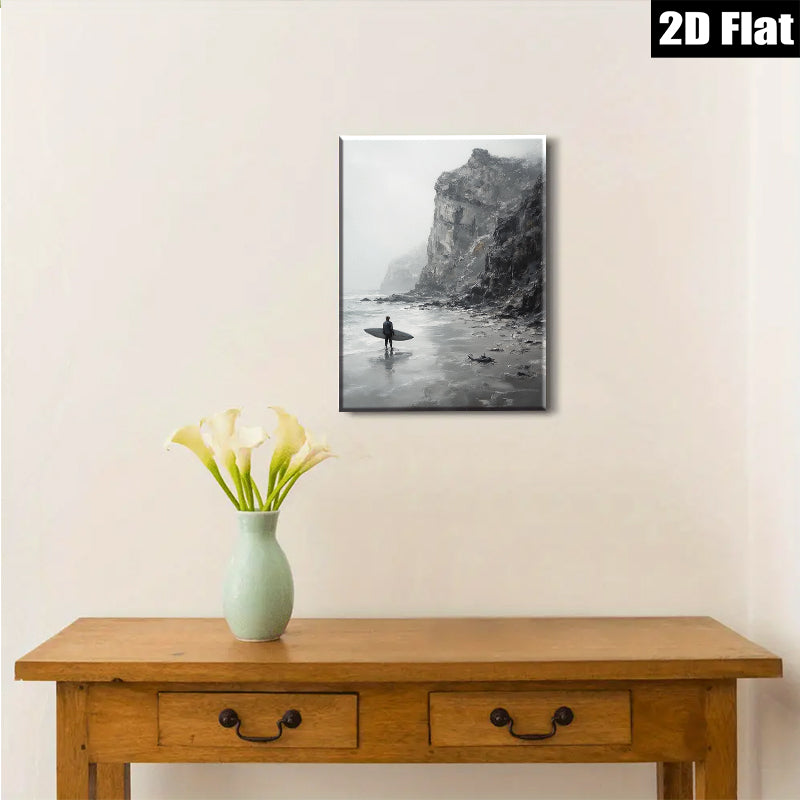 2D flat 1pc Coastal Serenity Lone Surfer Pacific Northwest Beach Wall Art Living Room Bedroom Decor Modern Farmhouse Style Gallery Wrapped Canvas Prints Ready to Hang