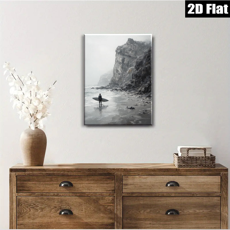 2D flat 1pc Coastal Serenity Lone Surfer Pacific Northwest Beach Wall Art Living Room Bedroom Decor Modern Farmhouse Style Gallery Wrapped Canvas Prints Ready to Hang