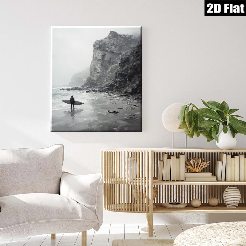 2D flat 1pc Coastal Serenity Lone Surfer Pacific Northwest Beach Wall Art Living Room Bedroom Decor Modern Farmhouse Style Gallery Wrapped Canvas Prints Ready to Hang