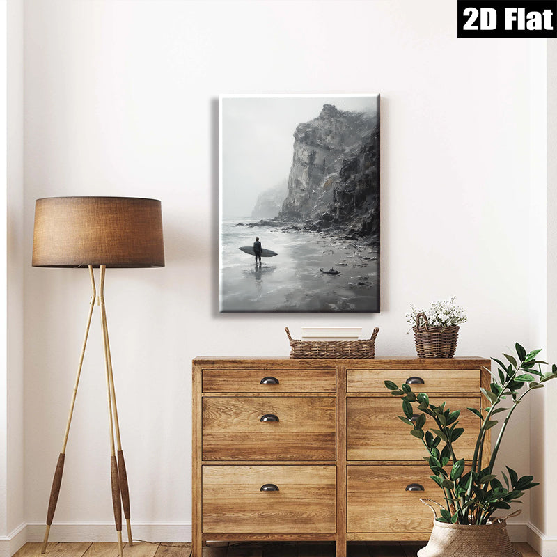 2D flat 1pc Coastal Serenity Lone Surfer Pacific Northwest Beach Wall Art Living Room Bedroom Decor Modern Farmhouse Style Gallery Wrapped Canvas Prints Ready to Hang