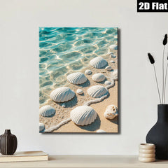 2D flat 1pc Coastal Shells Beach Ocean Waves Calm Serenity Living Room Bedroom Wall Decor Gallery Wrapped Canvas Print Modern Farmhouse Aesthetic