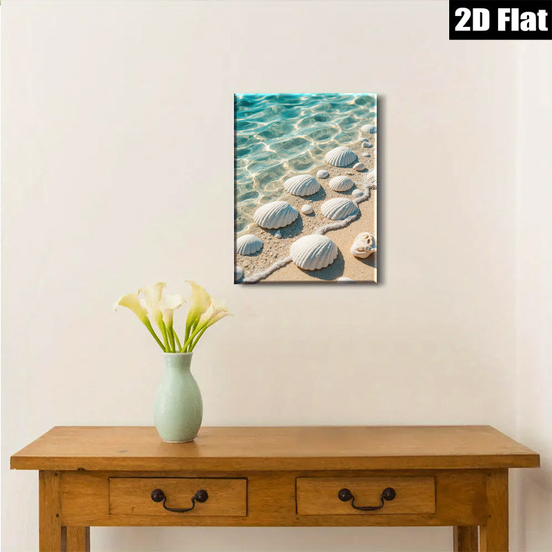 2D flat 1pc Coastal Shells Beach Ocean Waves Calm Serenity Living Room Bedroom Wall Decor Gallery Wrapped Canvas Print Modern Farmhouse Aesthetic