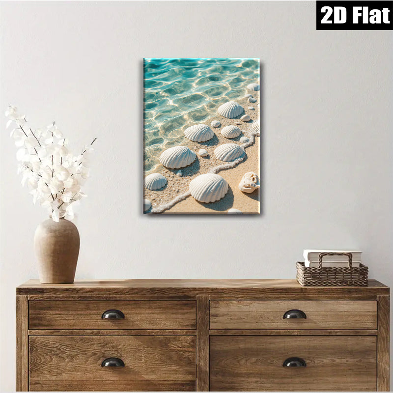 2D flat 1pc Coastal Shells Beach Ocean Waves Calm Serenity Living Room Bedroom Wall Decor Gallery Wrapped Canvas Print Modern Farmhouse Aesthetic