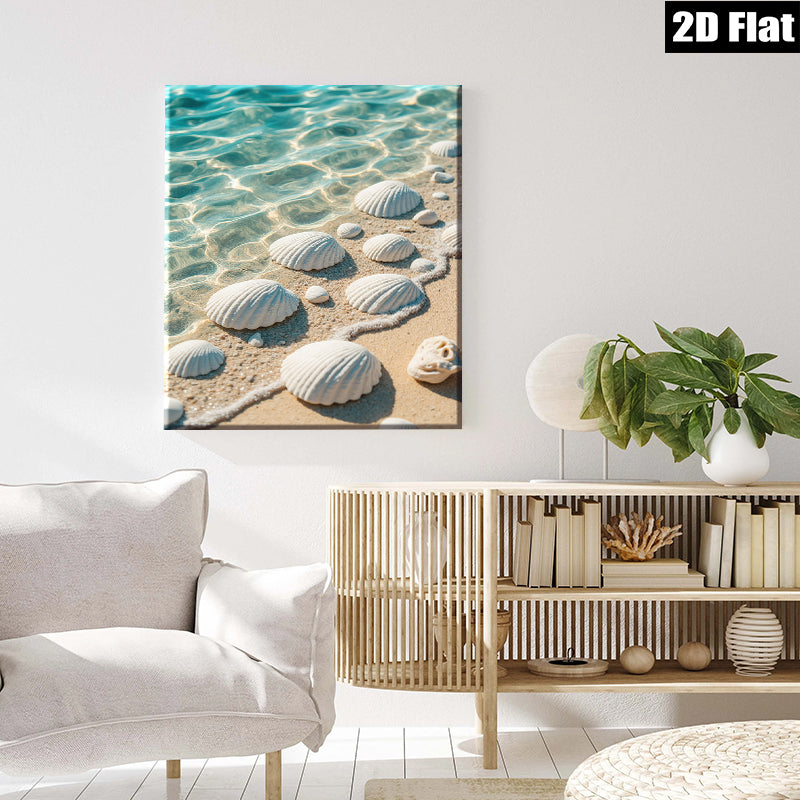 2D flat 1pc Coastal Shells Beach Ocean Waves Calm Serenity Living Room Bedroom Wall Decor Gallery Wrapped Canvas Print Modern Farmhouse Aesthetic