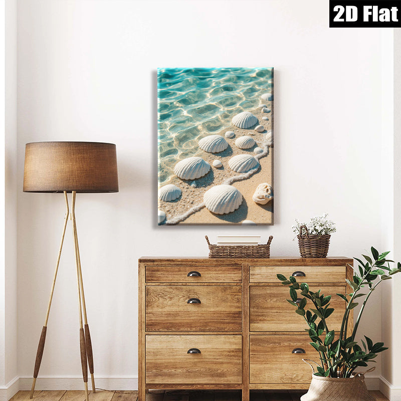 2D flat 1pc Coastal Shells Beach Ocean Waves Calm Serenity Living Room Bedroom Wall Decor Gallery Wrapped Canvas Print Modern Farmhouse Aesthetic