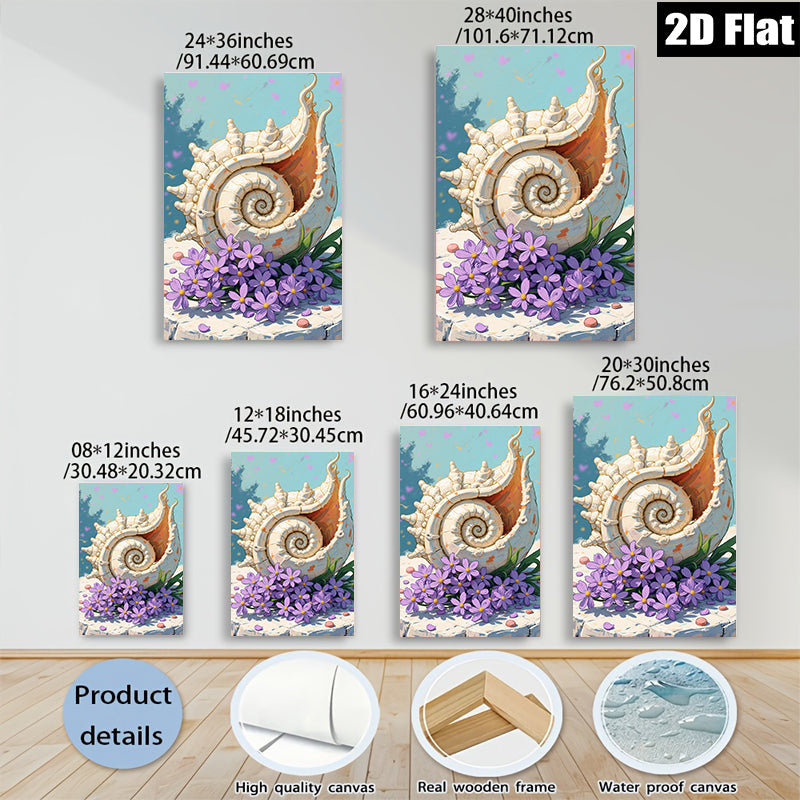 2D flat 1pc Coastal Shells Purple Flowers Beach Decor Living Room Bedroom Wall Art Canvas Prints Modern Farmhouse Style Home Decoration